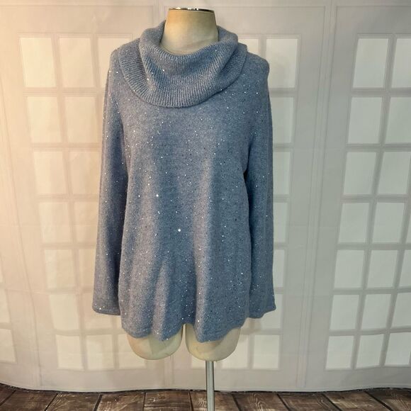 Chico's Gray Fold-Over Cowl Neck Sequined Pullover Sweater Size Large - Picture 1 of 11